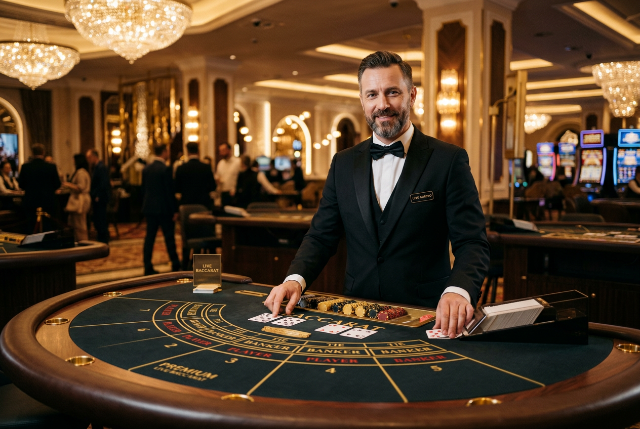A luxury live baccarat studio with a professional dealer and high-end equipment.