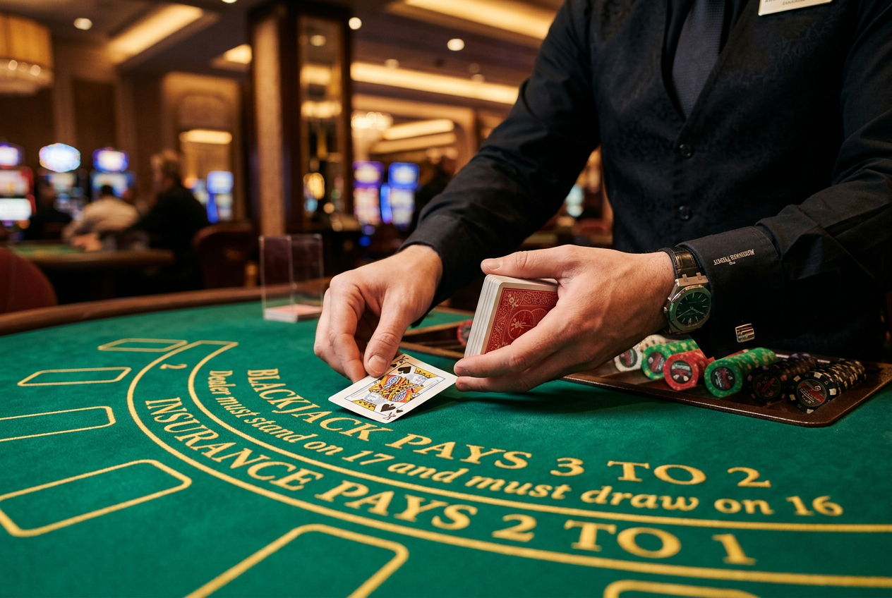 Krupier rozdający karty przy stole do blackjacka na żywo.