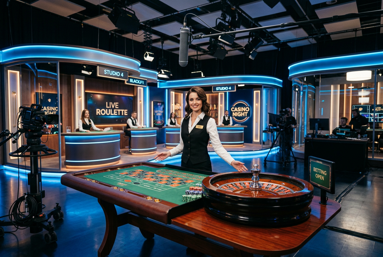 A professional live dealer studio with a roulette table