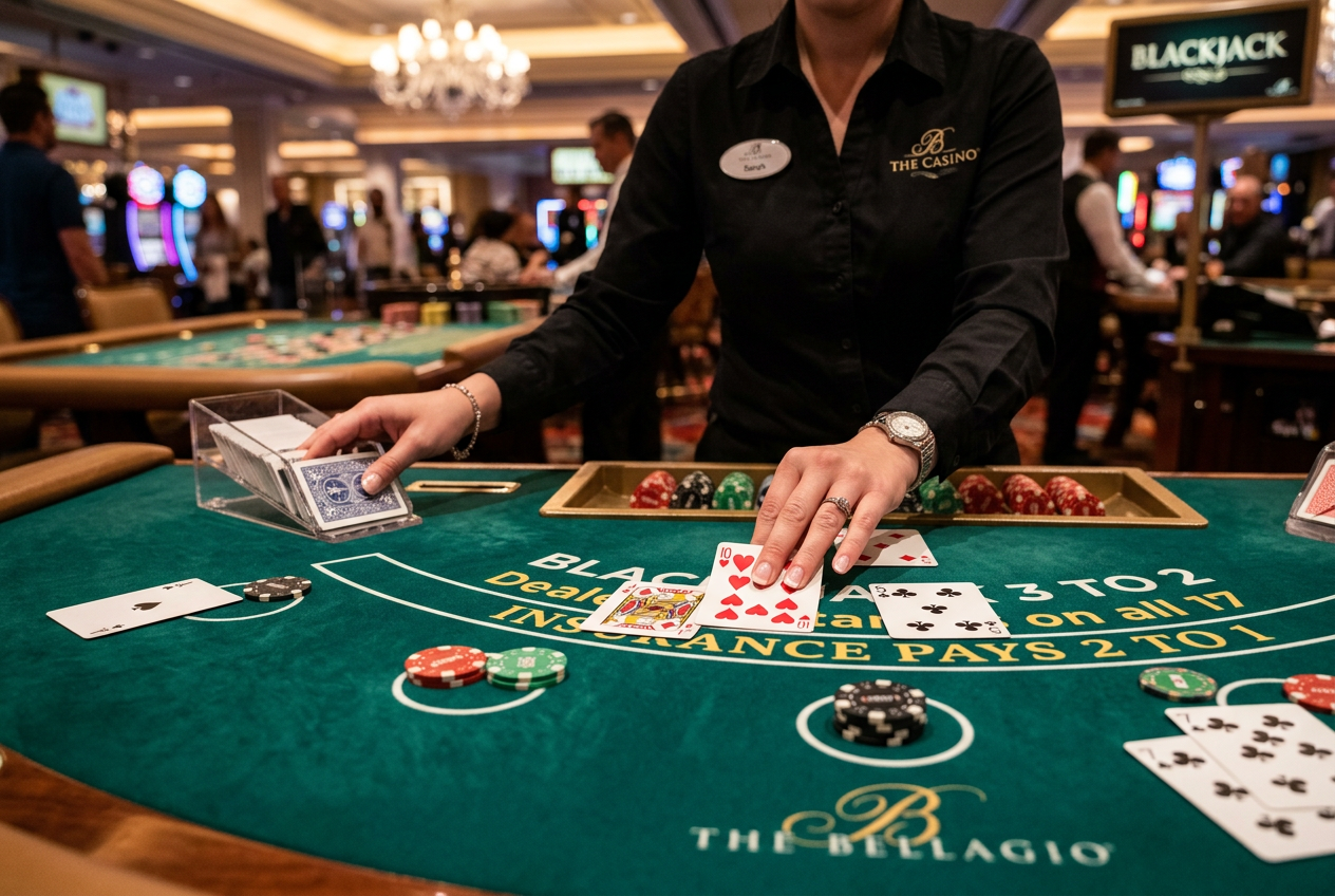 Close-up of cards being dealt at a live blackjack table